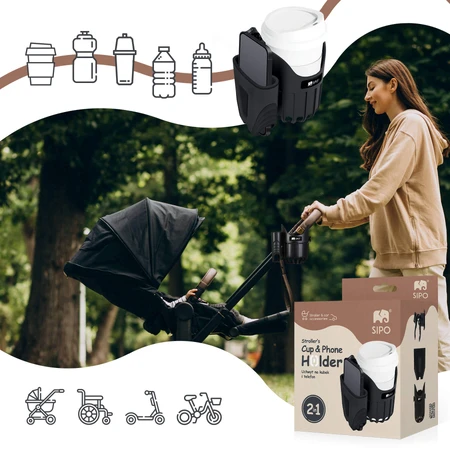 Sipo, universele beker- en telefoonhouder 2in1 voor kinderwagen, zwart, 1 st