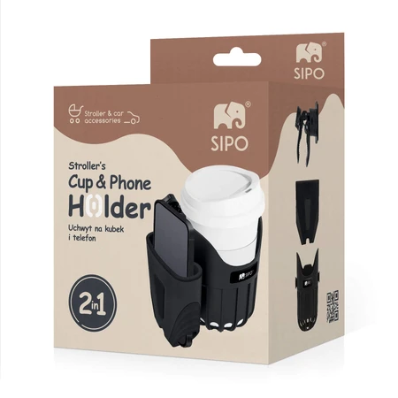 Sipo, universele beker- en telefoonhouder 2in1 voor kinderwagen, zwart, 1 st