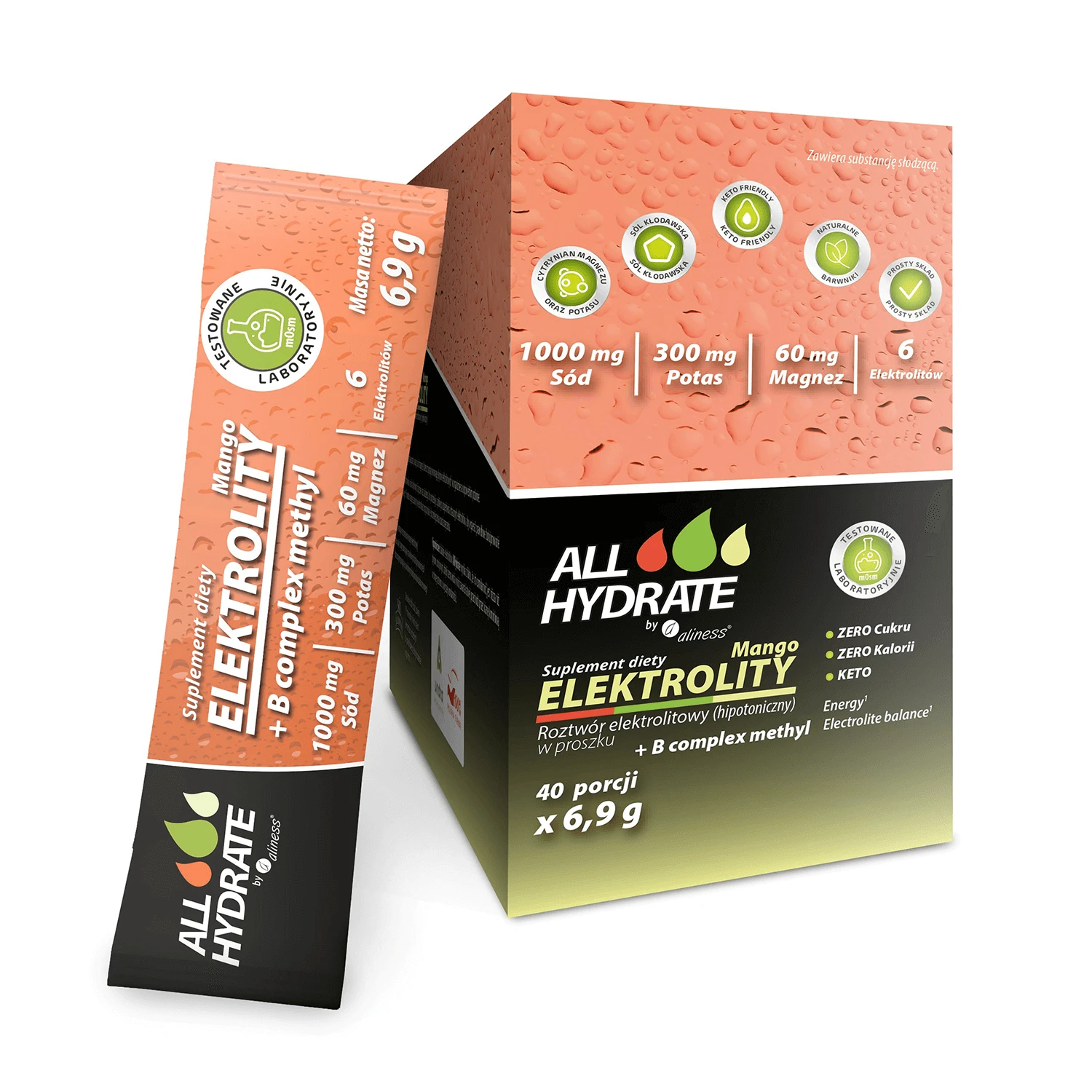 ALLHydrate Elektrolyten + B-complex methyl, mangosmaak, 4,8 g x 40 sachets
