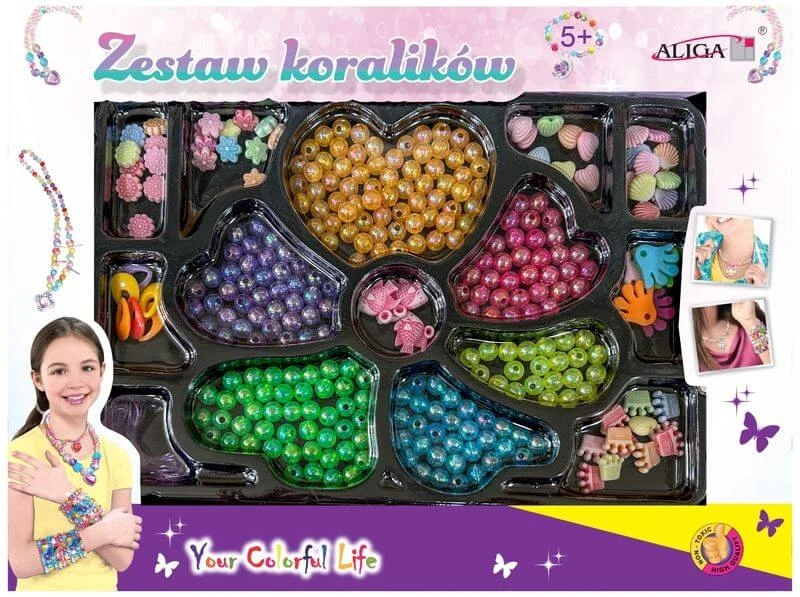 Set van kunststof kralen en vormen + 2 strengen 120 cm PJ-2036 Aliga