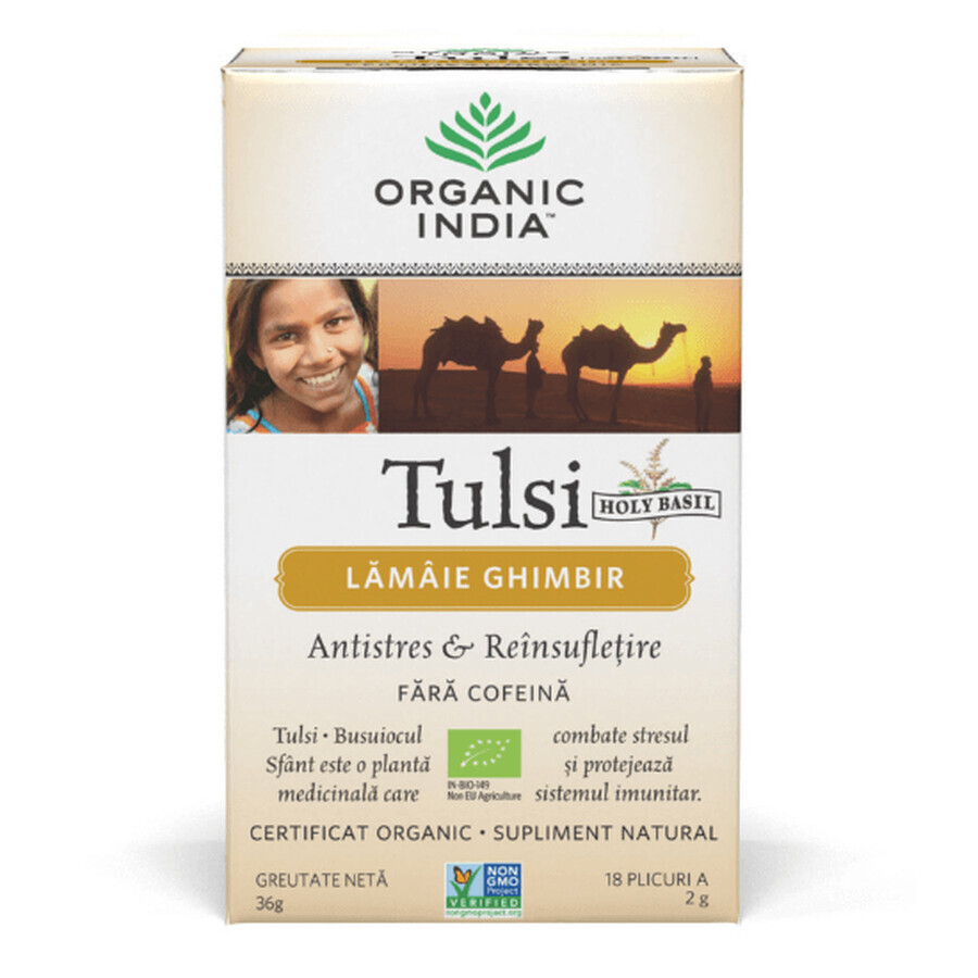 Thé Tulsi au citron et au gingembre, 18 sachets, Inde biologique