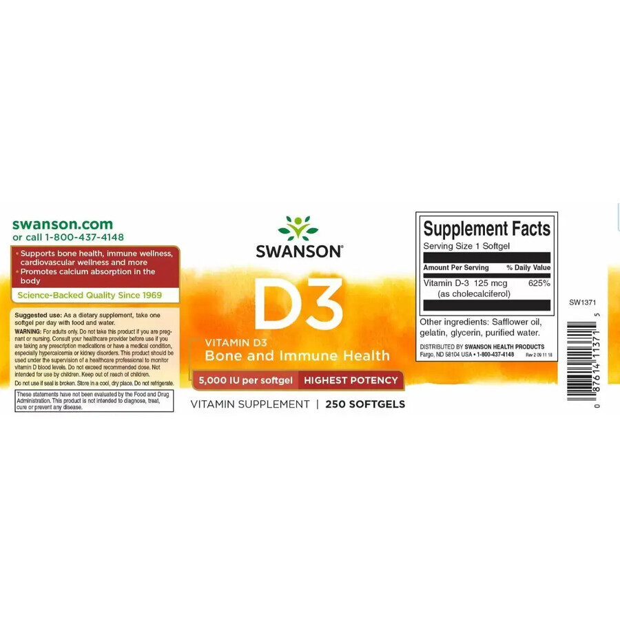 Vitamina D3 5000IU, 250 capsule, Swanson