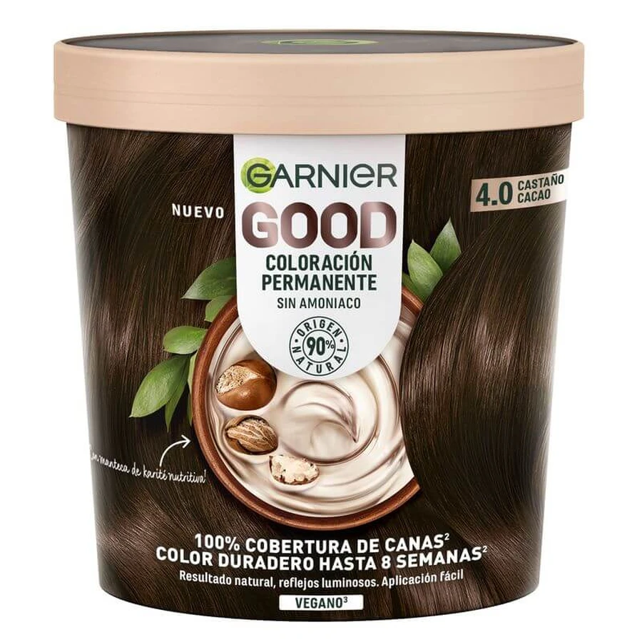 Garnier Good Coloration permanente sans ammoniaque, 90% d'origine naturelle teinte 4.0 brun cacao.