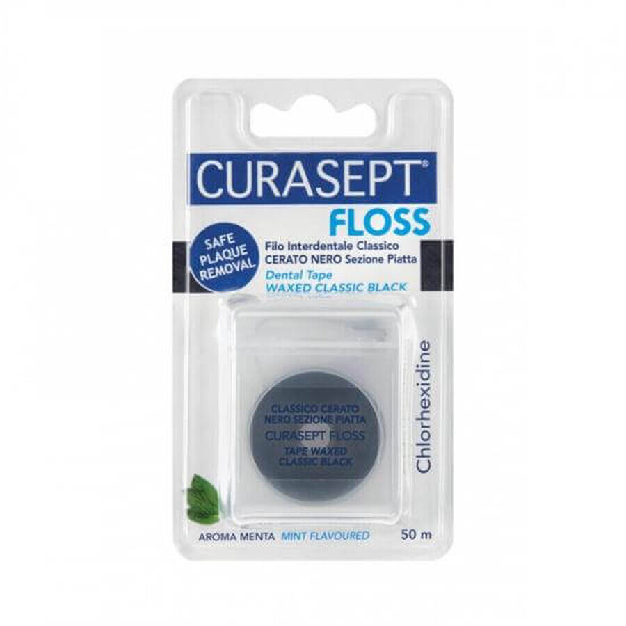 Curasept Floss - Filo Interdentale Nero Cerato con Clorexidina, 50m