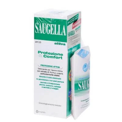 Saugella protection&comfort pakket 1 activ 250 ml + 3 gratis normale wattenschijfjes + motiverende gadgetstickers