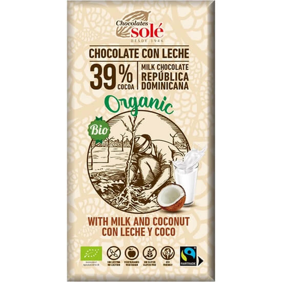 Organic and Fairtrade 39% cocoa milk and coconut chocolate, 100g, Pronat