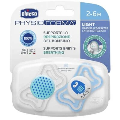 Chicco fopspeen jongen licht silicone 2-6 maanden 2 stuks