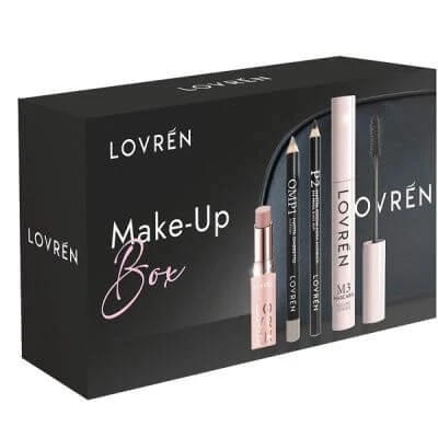 Lovren beauty make-up doosje 1 mascara m3 + 1 oogpotlood p2 + 1 oogschaduwpotlood omp1 + 1 balsem lippenstift color boost nude lb1