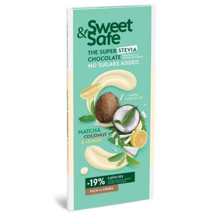 Witte chocolade met matcha groene thee, kokos en citroen Zoet & Veilig, 90 g, Sly Nutrition