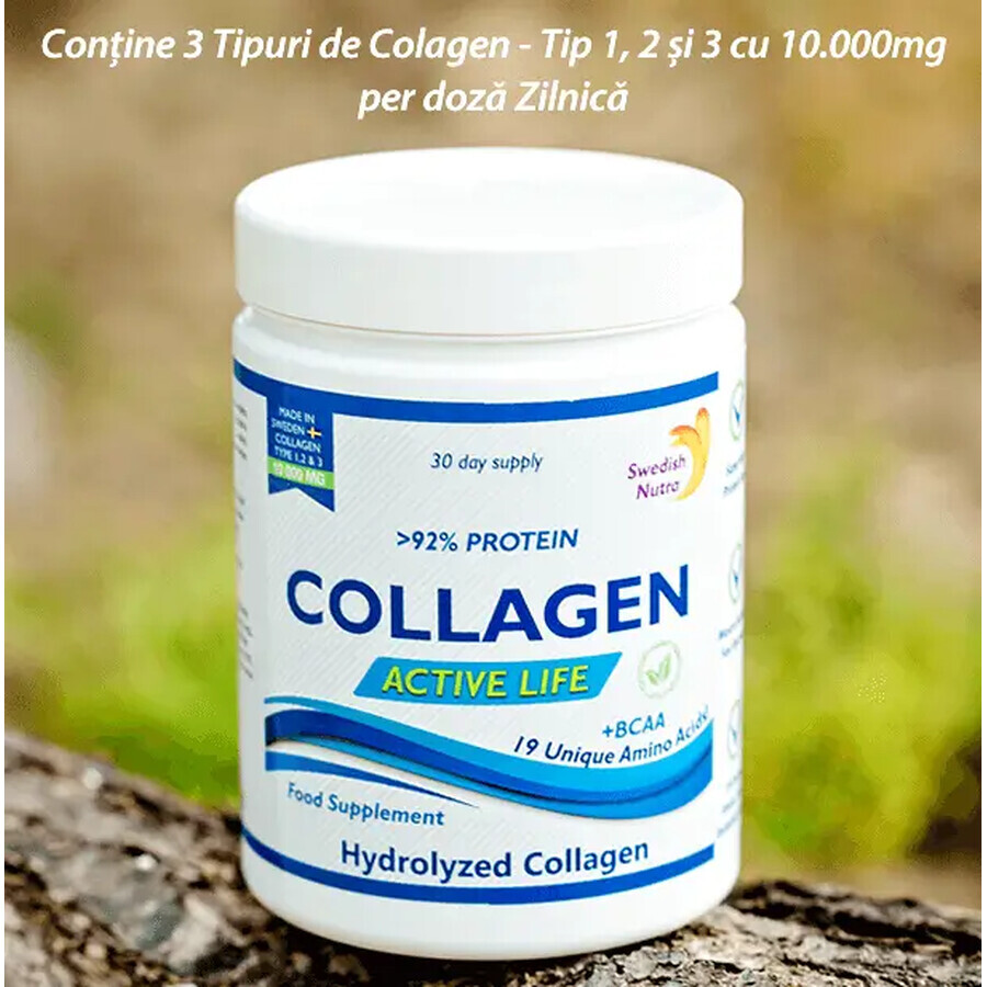 Colagen Hidrolizat Pulbere Tip 1, 2 și 3 Active Life cu 10.000 mg, 300 g, Swedish Nutra