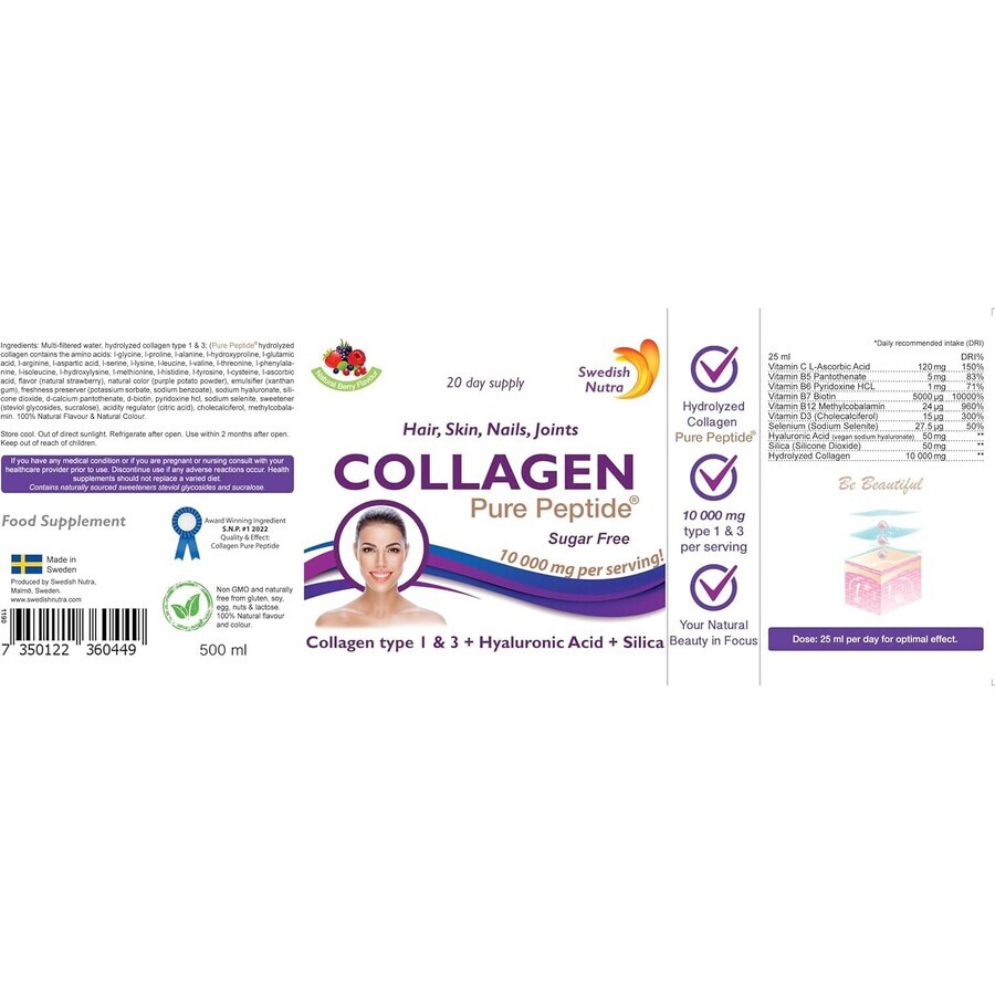 Collageen Vloeibaar Hydrolisaat Type 1 en 3 (10000 mg), 500 ml, Swedish Nutra