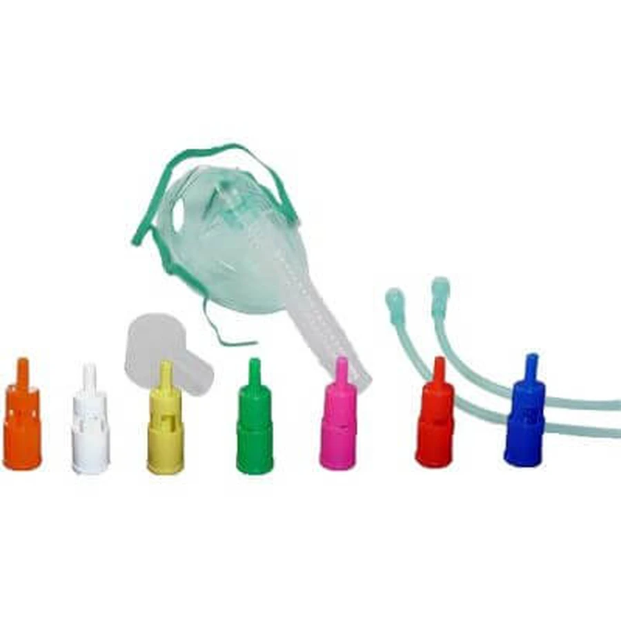 Zacht masker met variabele concentratie met venturisysteem, compleet met kit met 7 gekleurde hulpstukken en antiverpletterende verbindingsbuis voor volwassenen