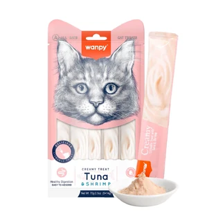 WANPY Creamy Treat, Tonno e gamberetti, sacchetto di ricompensa per gatti, (purea), 70g