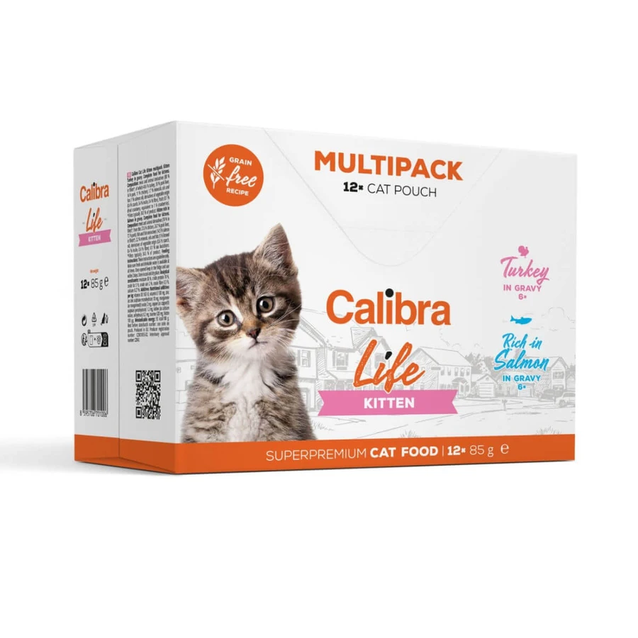 CALIBRA Life Kitten Multipack, Tacchino e Salmone, bustina di cibo umido senza cereali per gatti giovani, (in salsa), multipack, 85g x 12pz