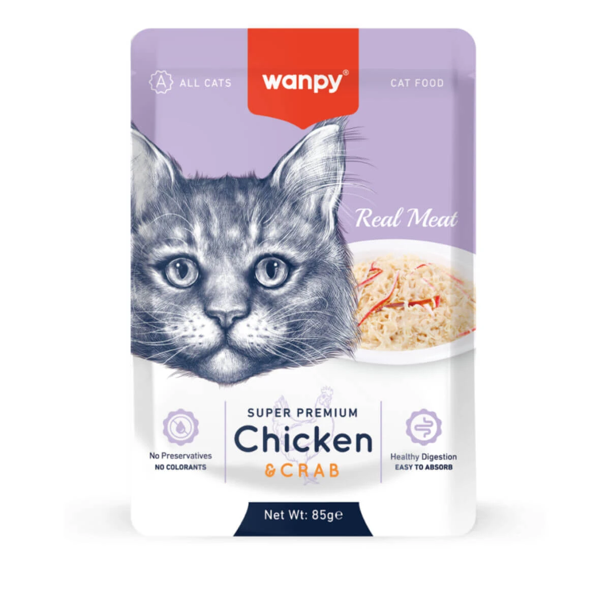 WANPY, Kip en Krab, nat kattenvoer zakje, (in aspic), 85g