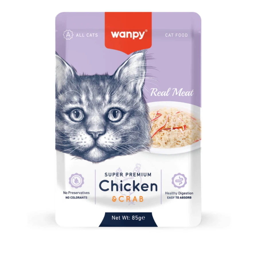 WANPY, Kurczak i Krab, mokra karma w saszetkach dla kotów (w galarecie), 85g: ceny i cechy