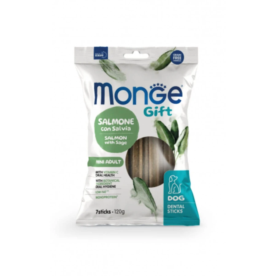 MONGE Gift Mini Dental Sticks, XS-S, Zalm en Salie, functionele graanvrije beloningszakjes voor honden met gevoelige tanden, 120g