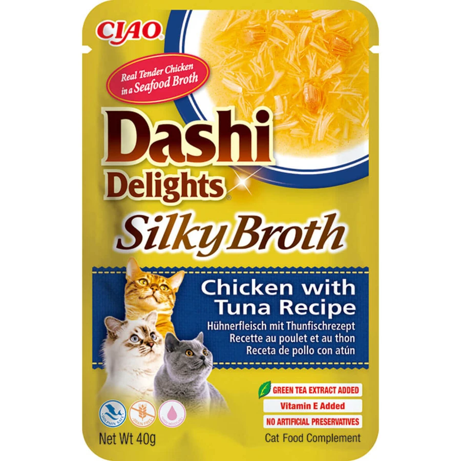 INABA Churu Dashi Delights Silky Broth, Kurczak i Tuńczyk, saszetka wilgotnej, bezzbożowej karmy dla kotów, (topping), 40g: ceny i cechy