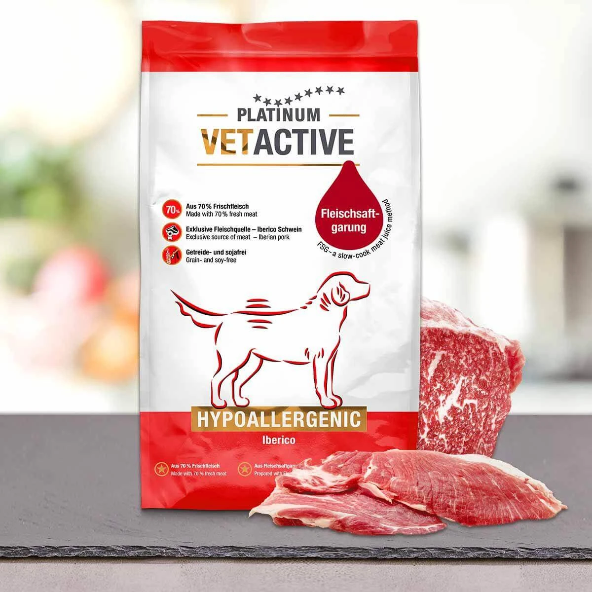 PLATINUM Vetactive Hypoallergenic, XS-XL, Iberico, enkelvoudig eiwit droogvoer, graanvrij, enkelvoudig eiwit droogvoer voor honden met allergieën, semi-homemalistisch, 5kg