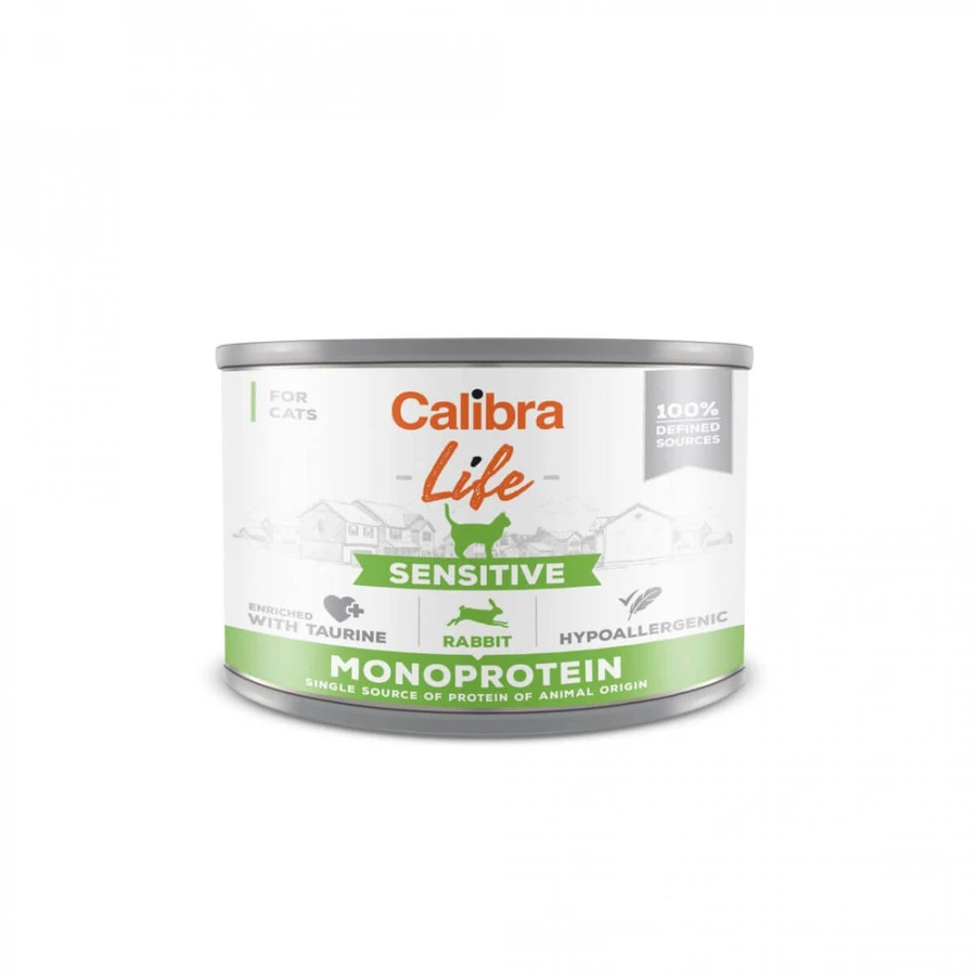 CALIBRA Life Sensitive, Konijn, ingeblikt enkelvoudig eiwit, graanvrij natvoer voor katten, spijsverteringsstelsel, (paté), 200g