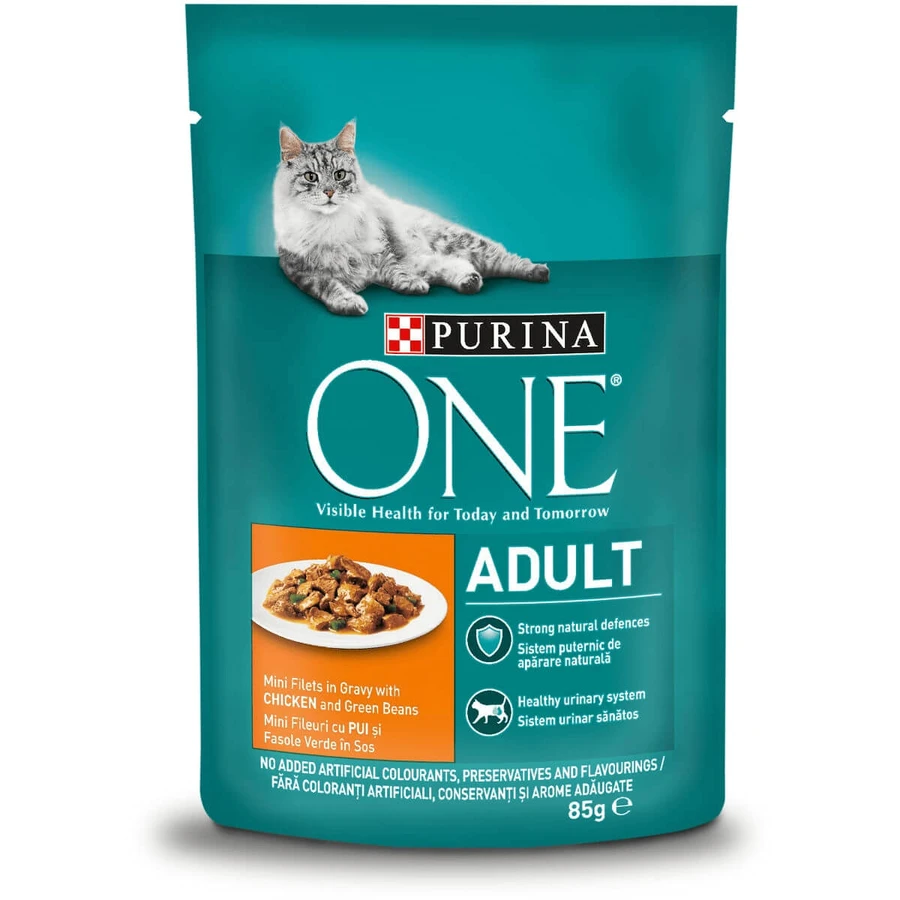 PURINA One Adult, Huhn mit grünen Bohnen, Sachet Nassfutter für Katzen, (in Sauce), 85g