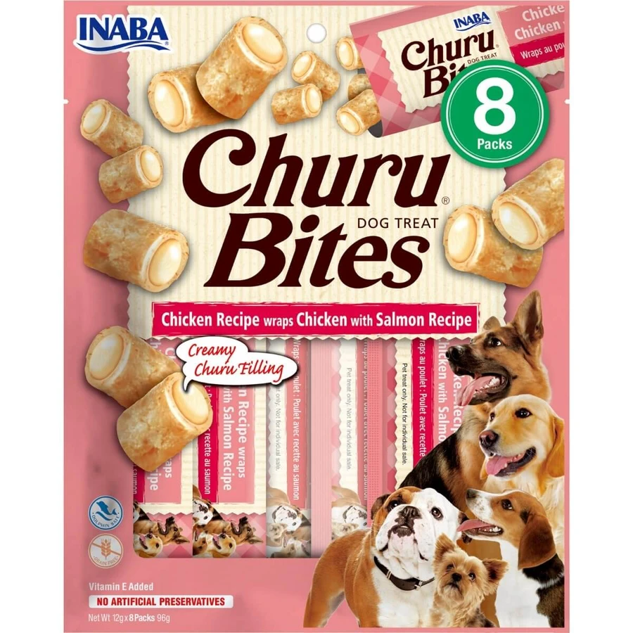 INABA Churu Bites, XS-XL, Kip en Zalm, graanvrije beloningszakjes voor honden, semi-mimonist, 92g