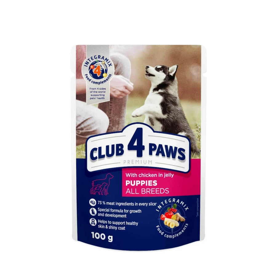 CLUB 4 PAWS Premium Junior, XS-XL, Pollo, sobre de comida húmeda para perros junior, (en aspic), 100g