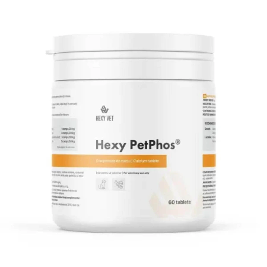 HEXY VET Hexy PetPhos Calcium Tabletten, XS-XL, Knochensystemergänzung für Hunde, Flasche, 60 Tabletten