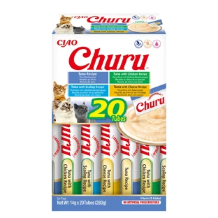 INABA Churu Tuna Varieties (Tuna, Tuna and Chicken|Tuna, Tuna and Chicken|Cheese|Shellfish), can, grain-free cat reward tube, (topping), 280g