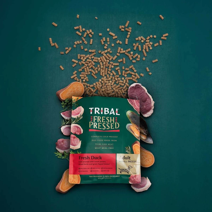 TRIBAL Fresh Pressed hondenvoer voor kleine rassen, XS-S, Eend, graanvrij droogvoer, koud geperst, 5kg