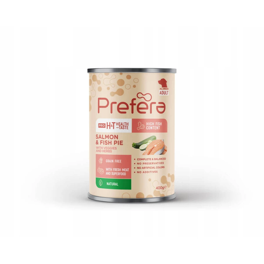 PREFERA Pro H&T H&T Fish Pie, XS-XL, Salmón y Calabacín, comida húmeda en lata sin cereales para perros, (paté), 400g