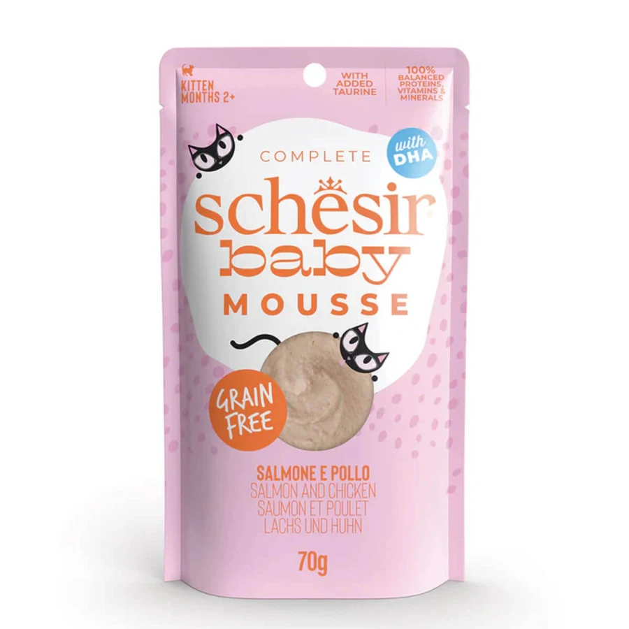 SCHESIR Baby Mousse, Salmone e Pollo, bustina di cibo umido senza cereali per gatti giovani, (mousse), 70g