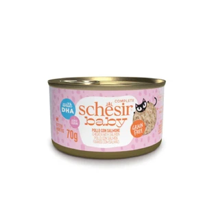 SCHESIR Baby Filets, Kip en Zalm, graanvrij natvoer in blik voor jonge katten, (in soep), 70g