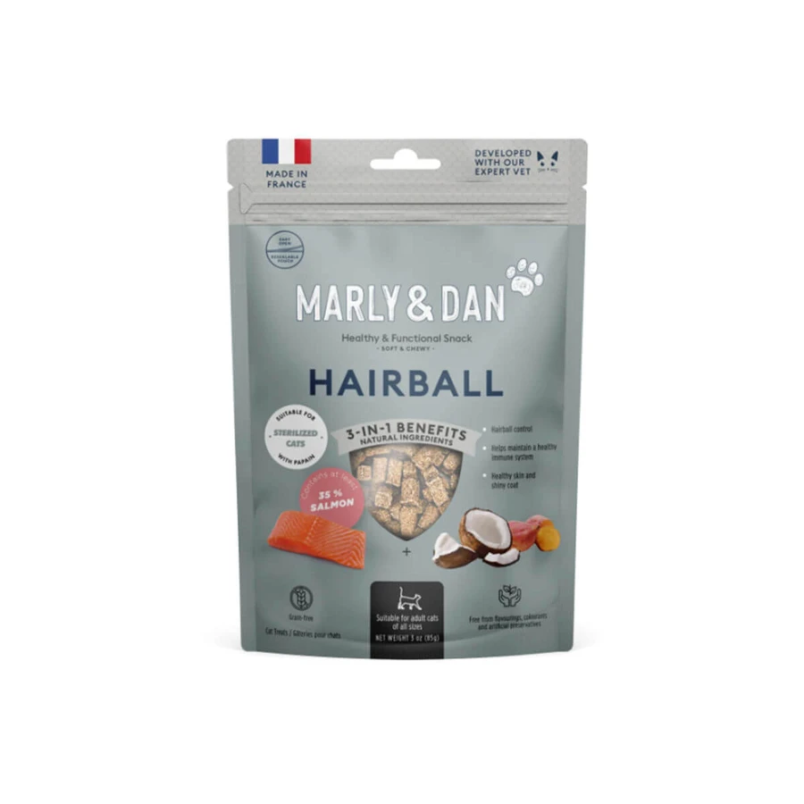 MARLY&DAN Boule de poils, saumon, sachet de récompenses fonctionnelles sans céréales pour chats stérilisés, limitation des boules de poils, 40g