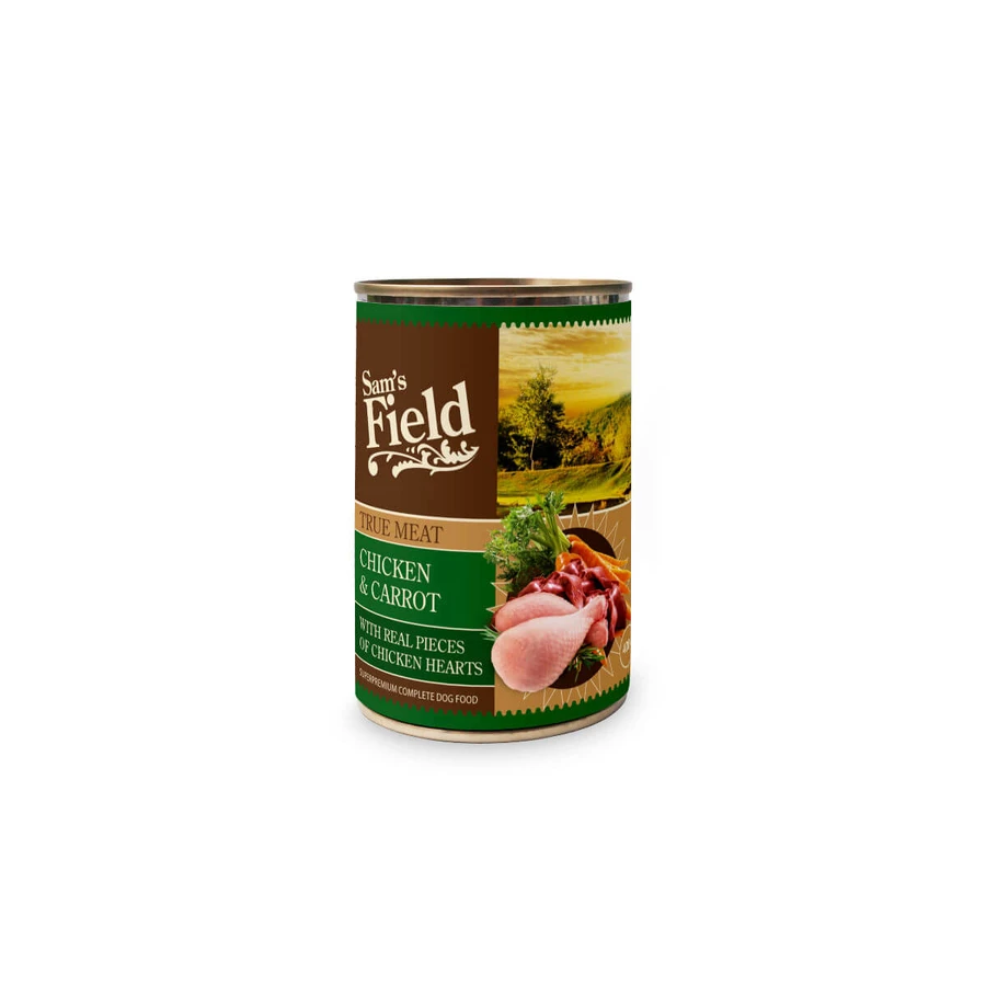 SAM'S FIELD True Meat, XS-XL, Pollo y Zanahoria, comida húmeda en lata sin cereales, (en aspic), 400g