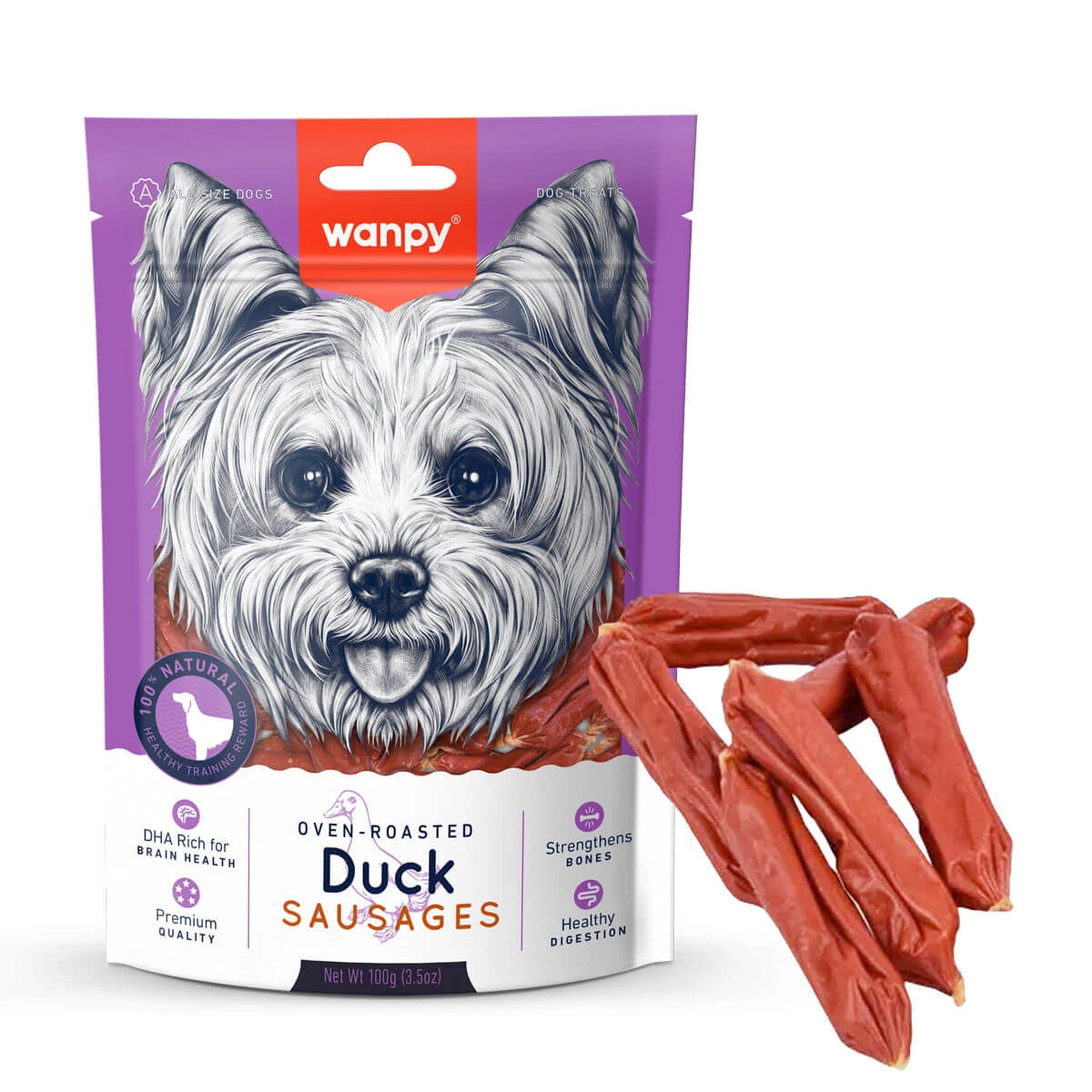 WANPY Worstjes, XS-M, Eend, beloningszakje voor honden, 100g