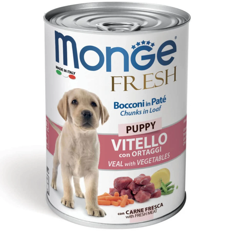 MONGE Fresh Puppy&Junior, XS-XL, Kalfsvlees en Groenten, natvoer in blik voor junior honden, (op eigen sap), 400g