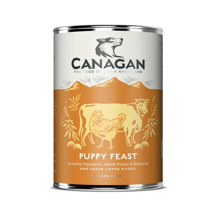 CANAGAN Puppy Feast, XS-XL, Kip en Rund, graanvrij natvoer in blik voor jonge honden, (in soep), 400g