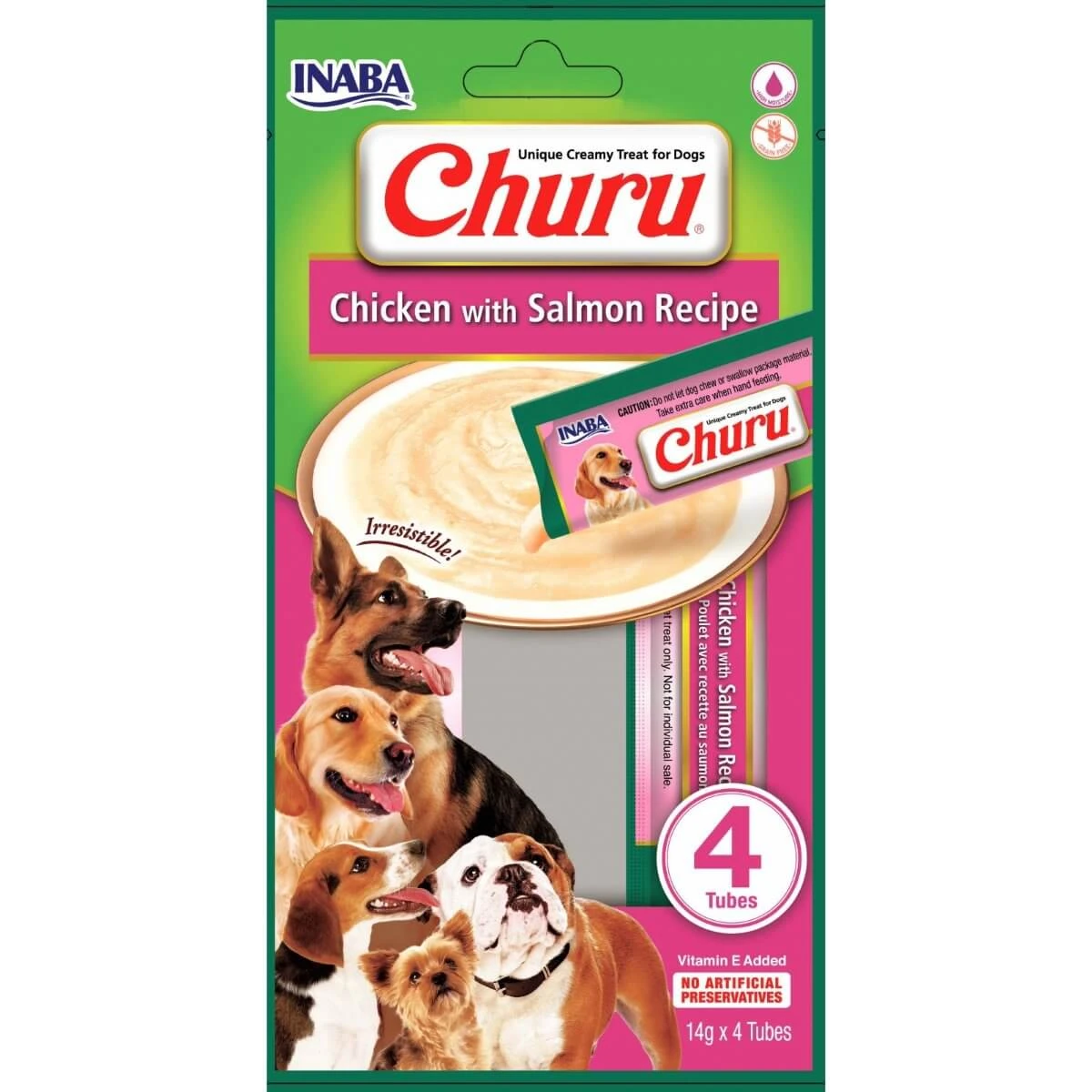 INABA Churu, XS-XL, Kip en Zalm, granenvrij beloningszakje honden, (topping), 56g