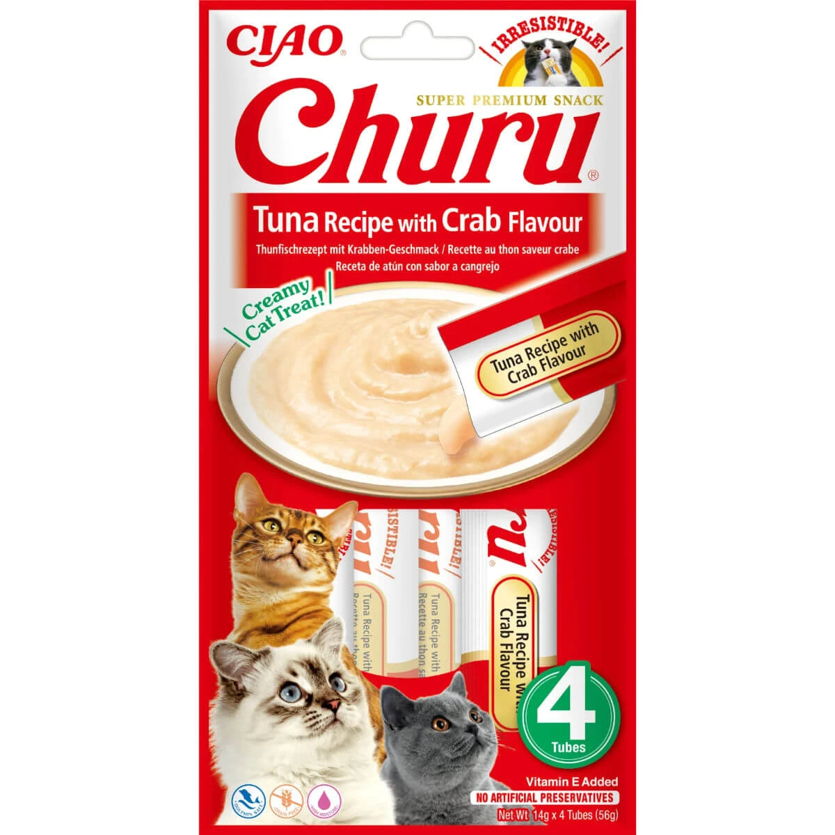 INABA Churu, tonijn en krab, zakje, graanvrije beloning tube katten, (puree), 56g