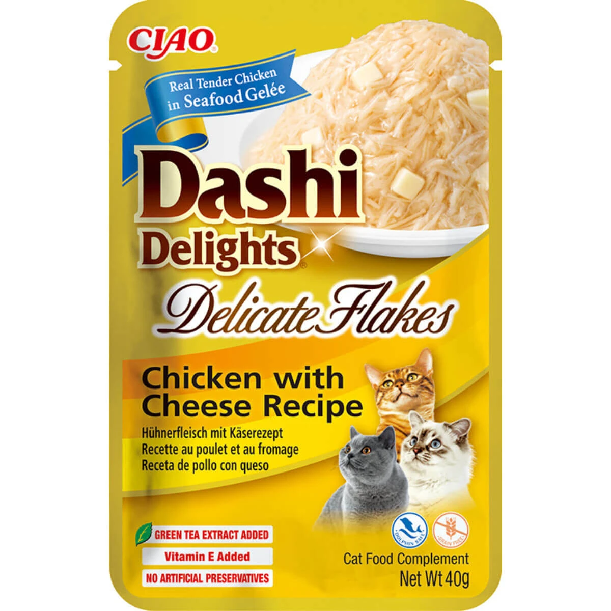 INABA Churu Dashi Delights Delicate Vlokken, Kip en Kaas, zakje vochtig, graanvrij kattenvoer, (topping), 40g