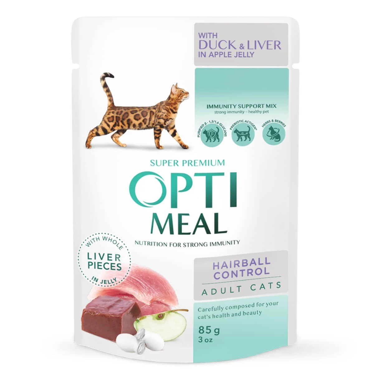 OPTIMEAL Hairball Control, Eend en Lever, zakje nat kattenvoer, haarbal controle, (in aspic), 85g