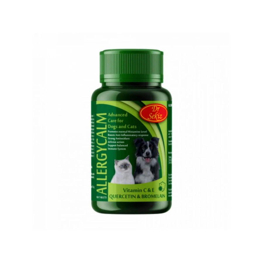 DR. SEKIZ Allergycalm, XS-XL, immuunsysteem & allergie supplement voor honden en katten, fles, 100 tabletten