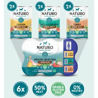 NATURO Variety Pack Kip, XS-XL, Eend en Kalkoen, graanvrij natvoer in blik voor honden, (in jus), multipack, 390g x 6st
