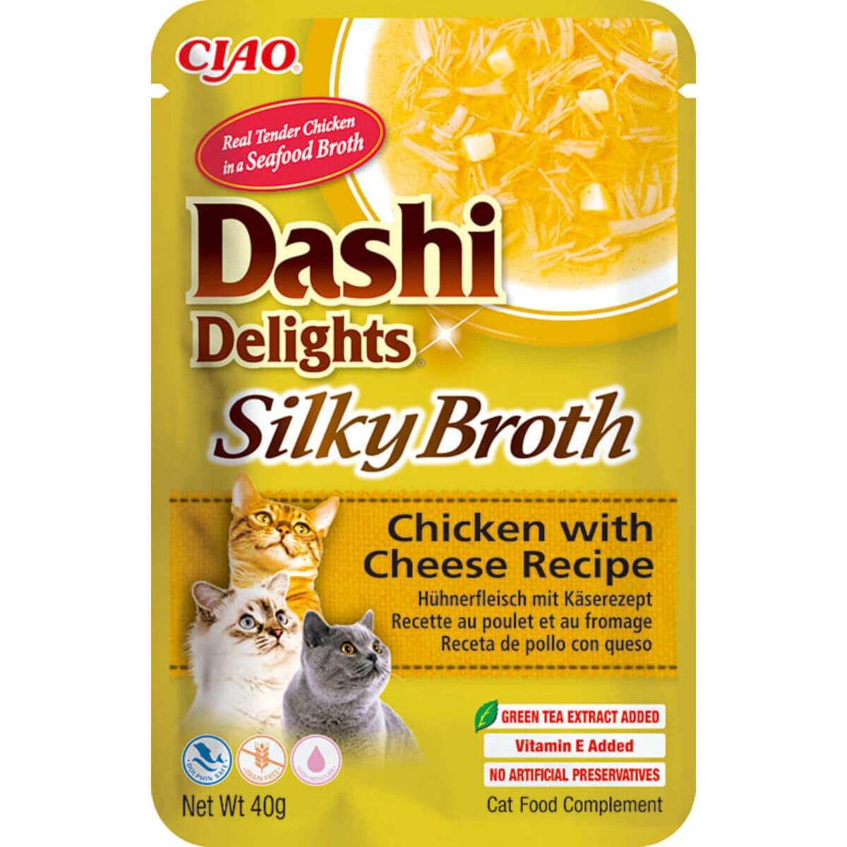 INABA Churu Dashi Delights Silky Bouillon, Kip en Kaas, zakje vochtig, graanvrij kattenvoer, (topping), 40g