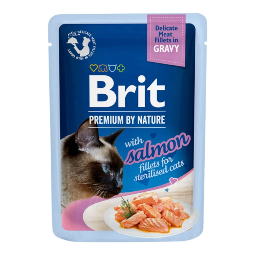 BRIT Premium by Nature Delicate Filete Esterilizado, Salmón, sobre comida húmeda para gatos esterilizados, (en salsa), 85g