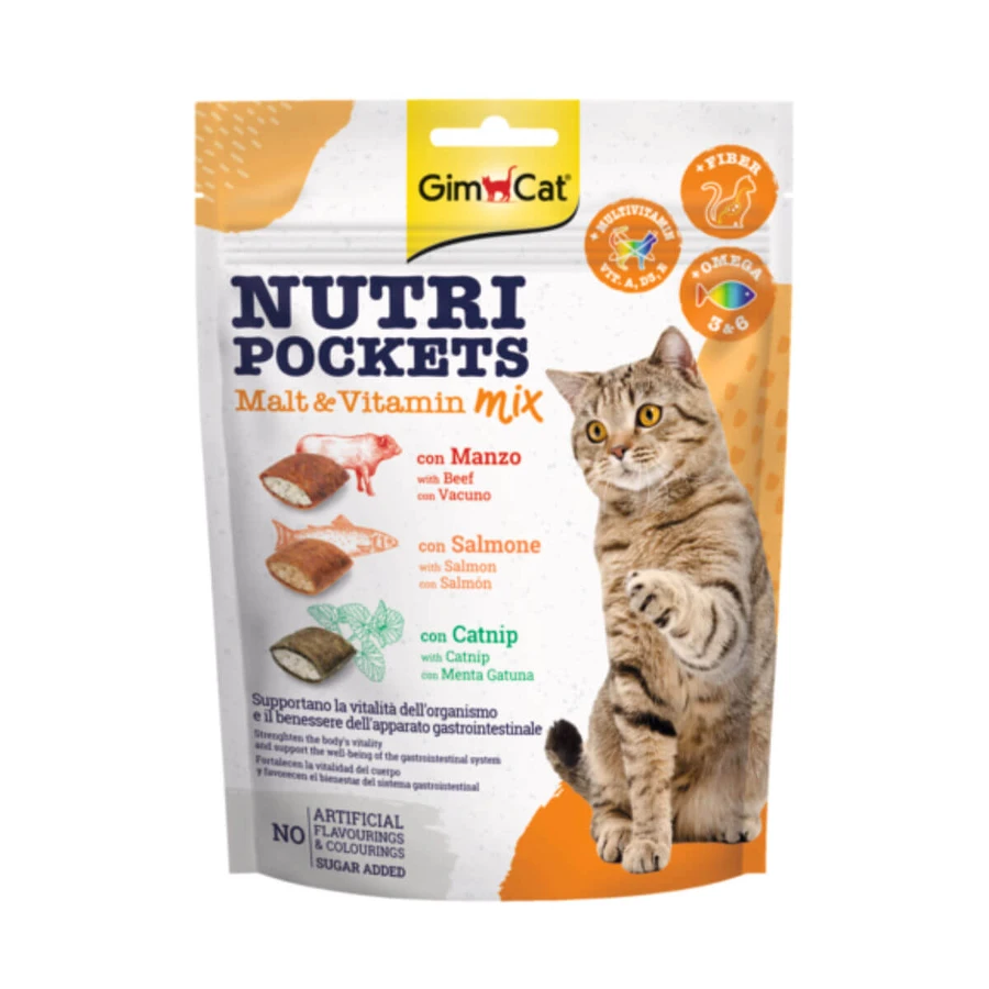 GIMCAT Nutri Pockets Malt & Vitamins Mix, Catnip, Veau et Saumon, sac de récompense fonctionnel pour chat, 150g