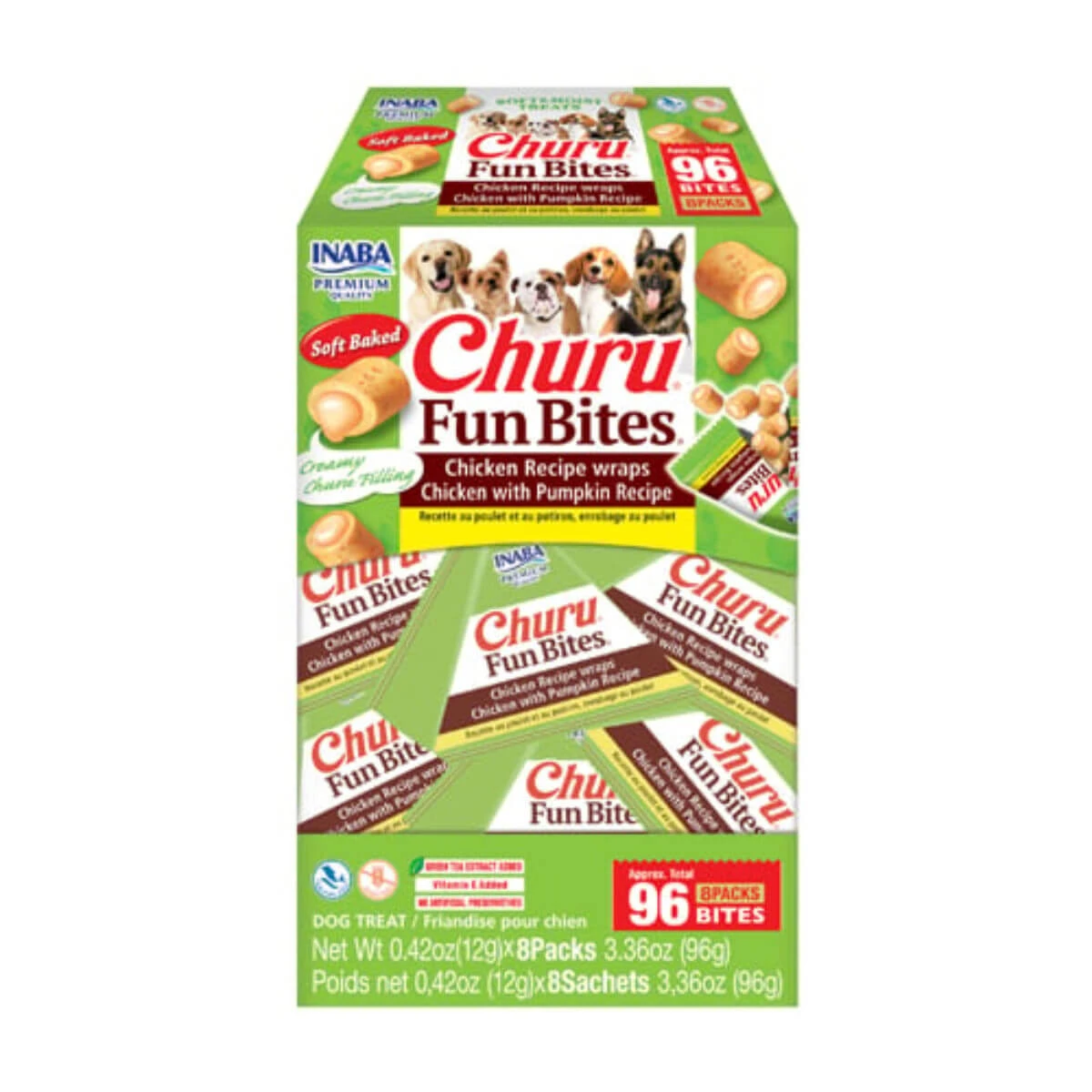 INABA Churu Churu Fun Bites, XS-XL, Kip en Pompoen, graanvrije beloning voor honden, 96g