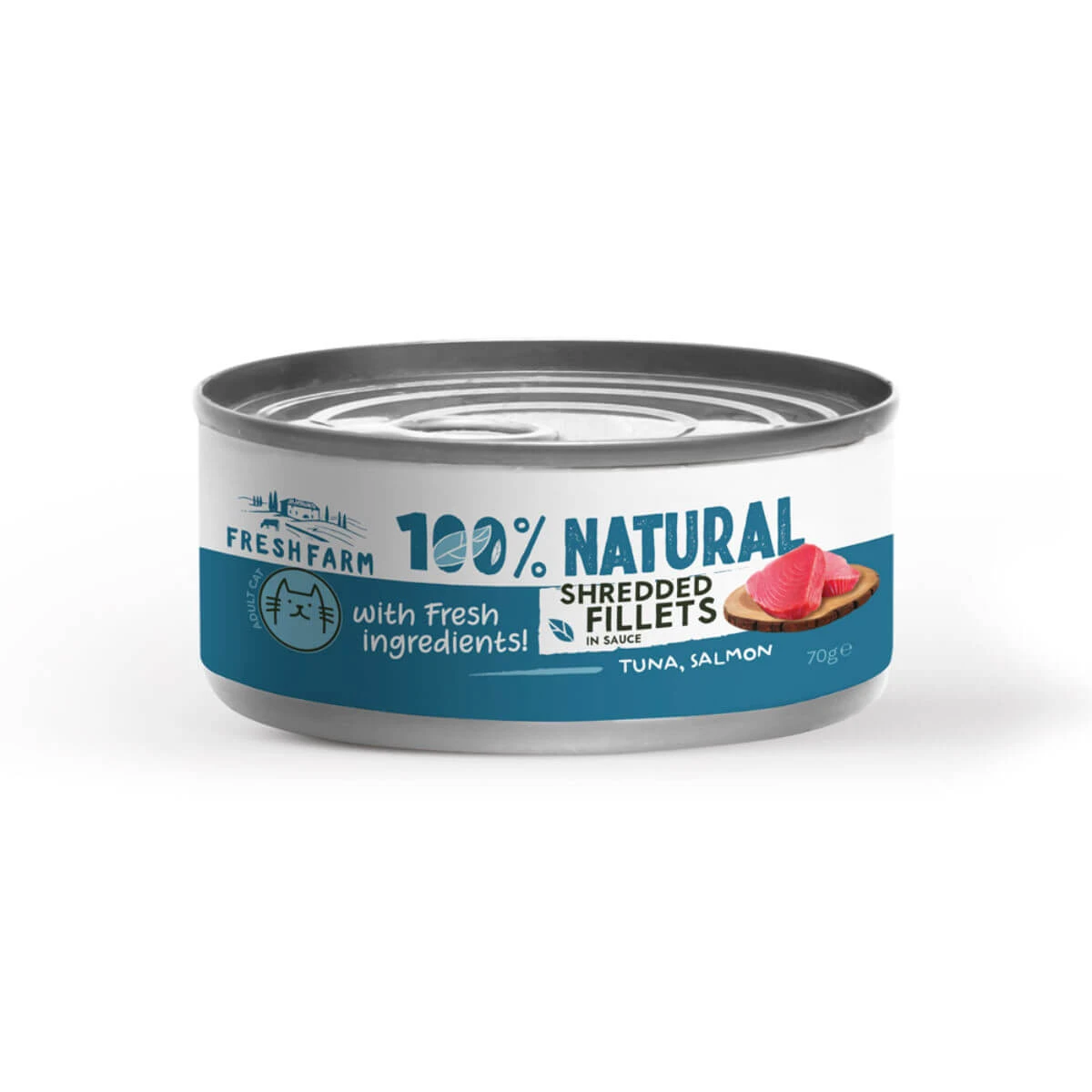 FRESH FARM Gesneden filets, tonijn en zalm, nat kattenvoer zonder granen, in blik (in saus), 70g