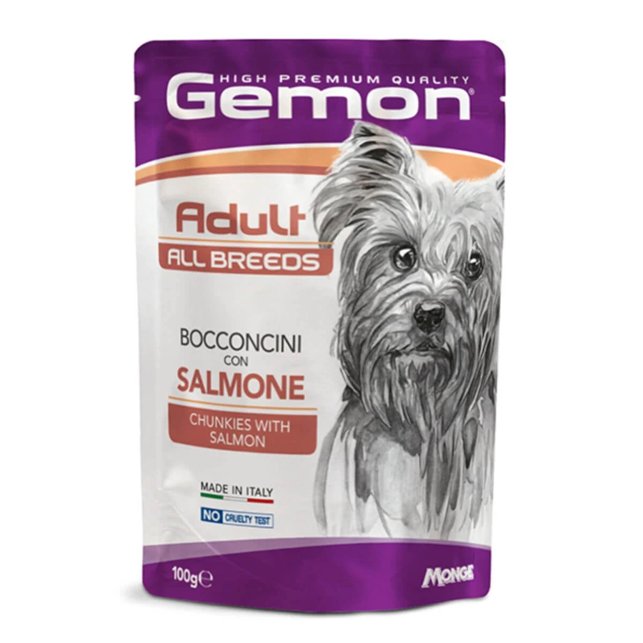 GEMON All Breeds, XS-XL, Salmone, bustina di cibo umido per cani senza cereali, (in aspic), 100g